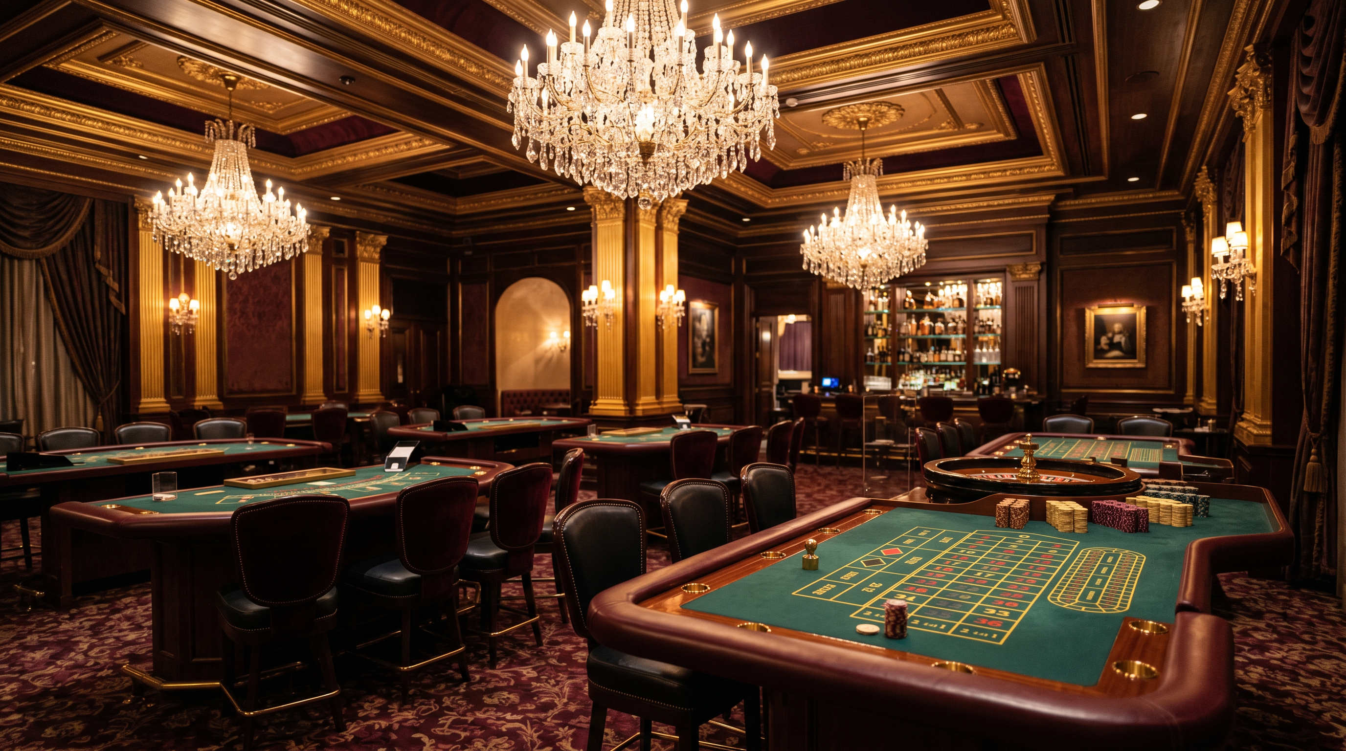 Casino lounge gaming floor with roulette table