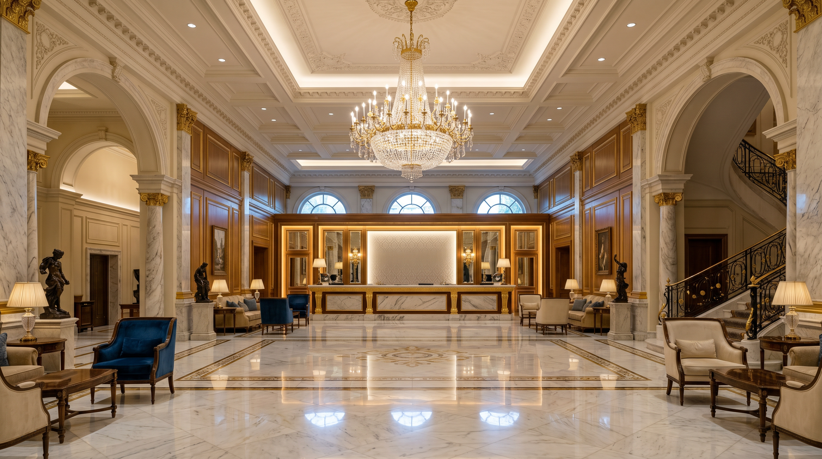 UKRankedTop hotel lobby with marble floors and chandelier
